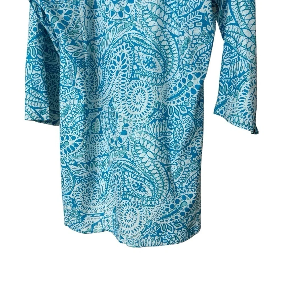 ANAYA Women's XL Blue Paisley Tunic Dress V-Neck Long Sleeve Casual Cotton Beach - Picture 9 of 12